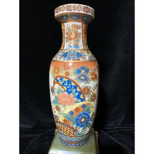 Vtg Hand Painted Chinese Ceramic Vase Rose Medallion Floral Gold Trimmed